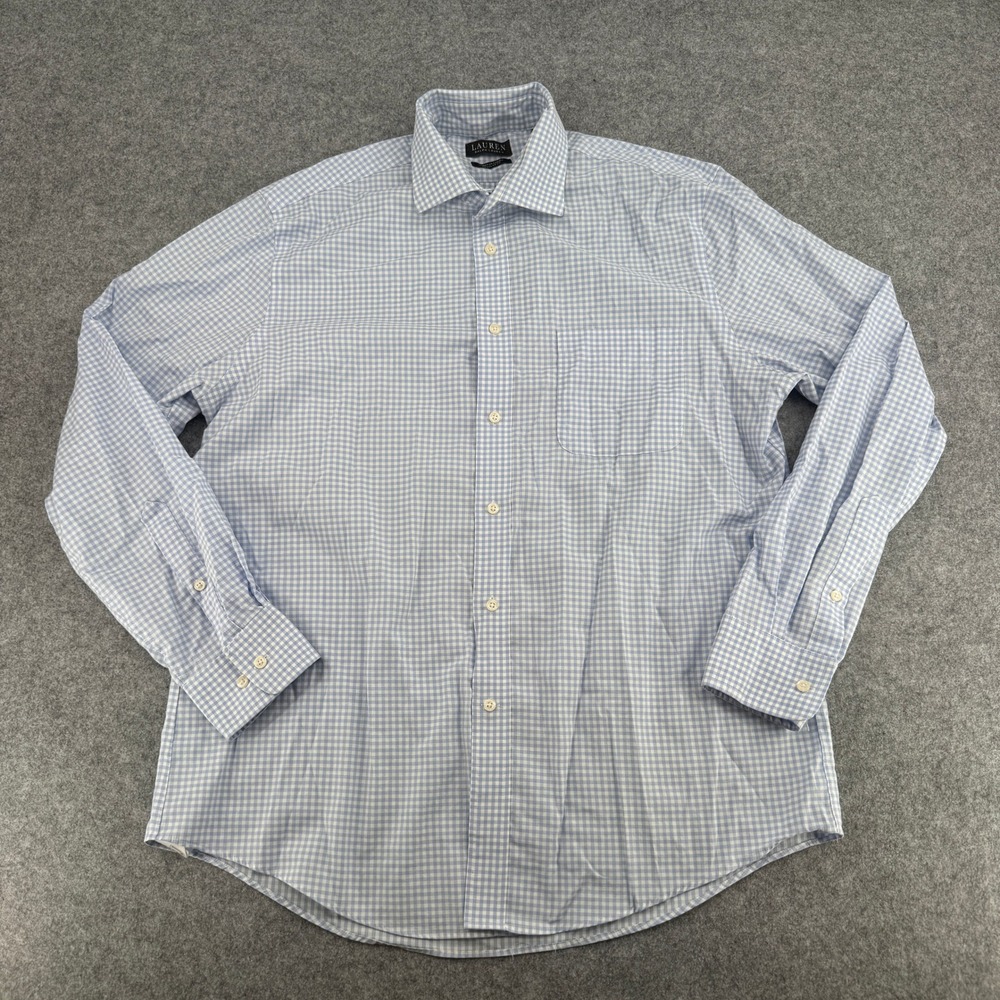 Lauren Ralph Lauren Dress Shirt Mens 16.5 Regular Fit Blue Gingham Stretch EUC